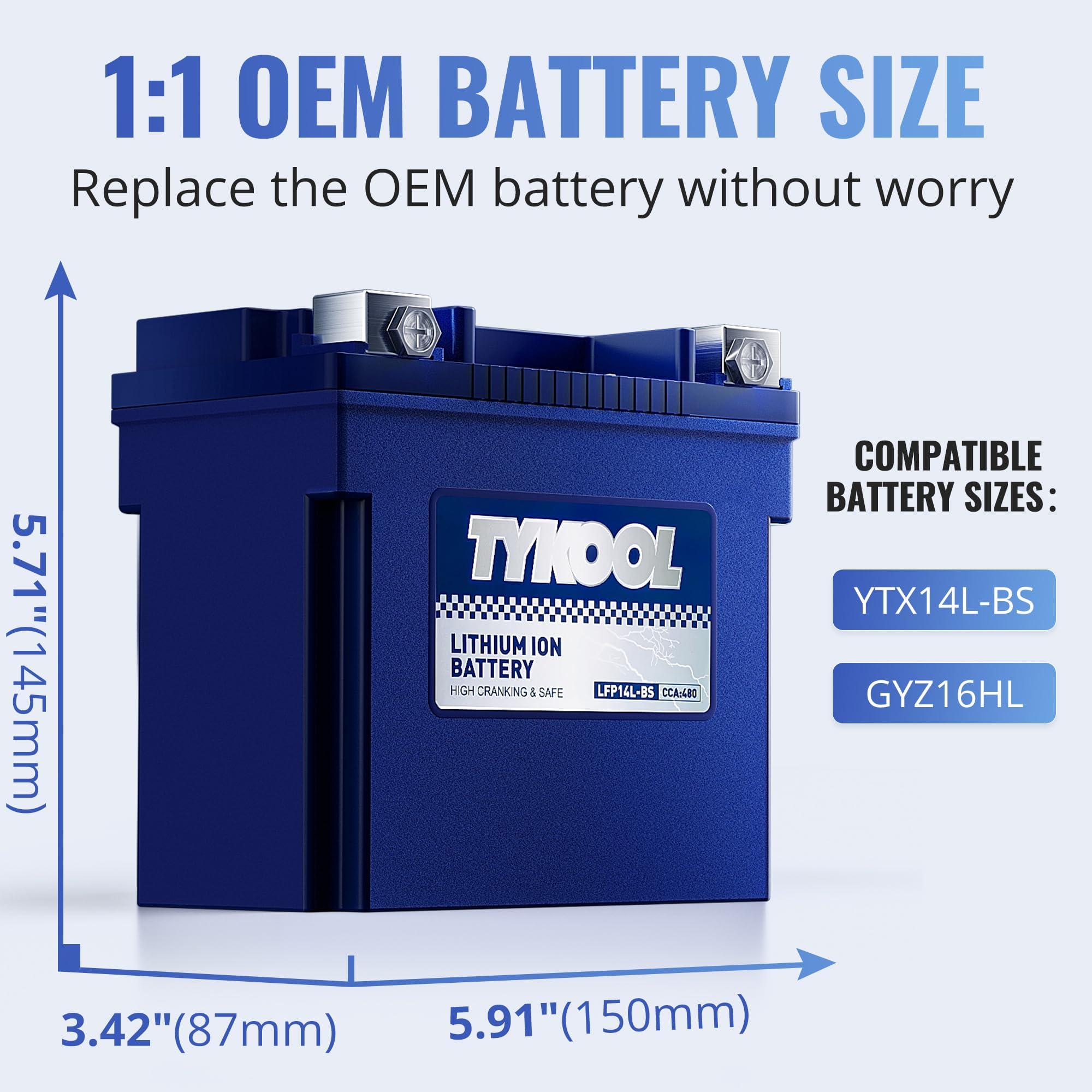 Tykool Ytx14L-Bs 3X Cranking Amps,5X Life, Lithium Lifepo4 Motorcycle Battery,12V 8Ah,480Cca,Digital Readout, Built In Bms,Power
